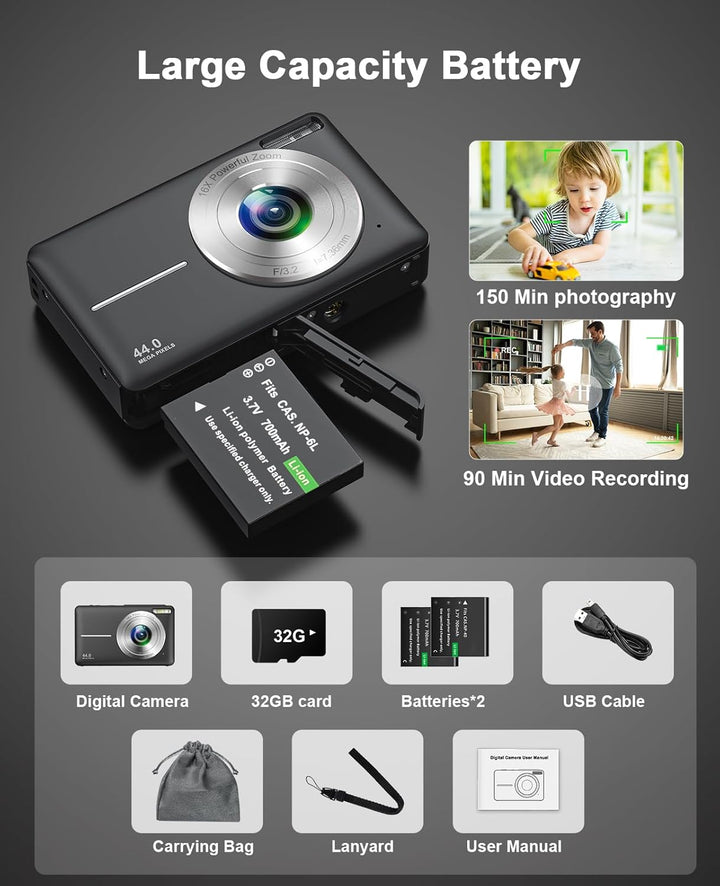 Digitalkamera Fotoapparat 1080P 44MP Fotokamera mit 16X Digitalzoom Tragbare Kompaktkamera Vlogging