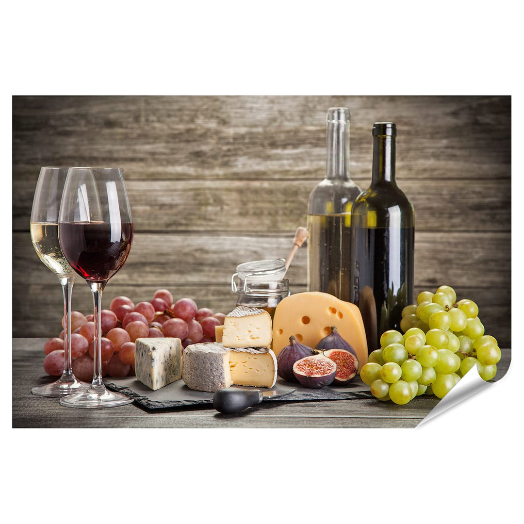 islandburner XXL Bild Poster Wein Käse Stillleben Vor Holzwand Premium Bilder Fotodruck Poster 90x60