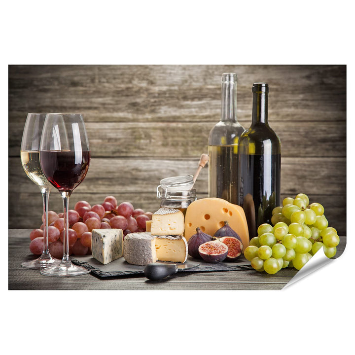 islandburner XXL Bild Poster Wein Käse Stillleben Vor Holzwand Premium Bilder Fotodruck Poster 90x60