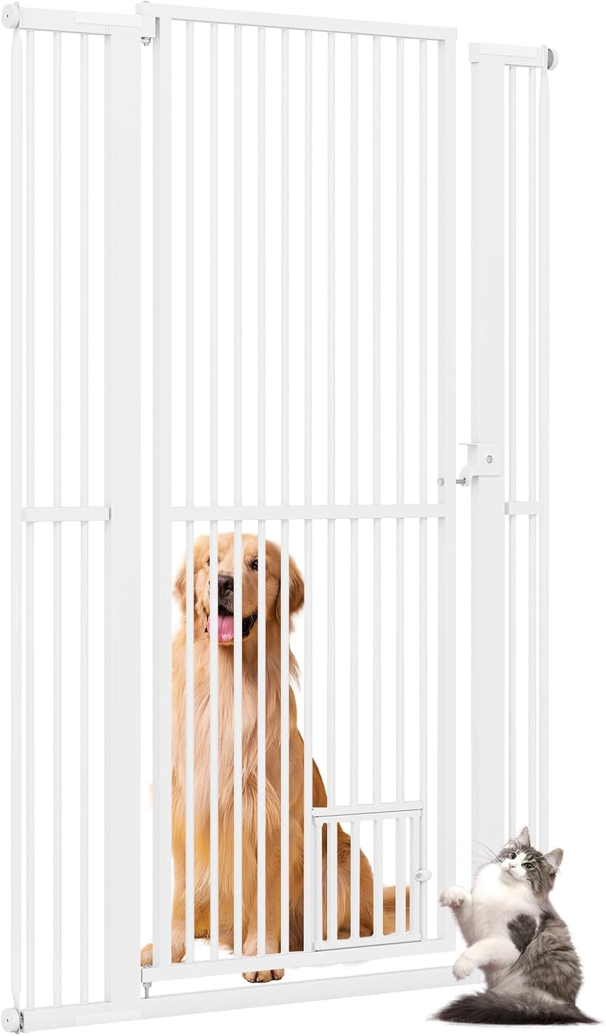 GYMAX extra hohes Haustiergitter, Türgitter Hunde mit Verriegelbarer Katzenklappe, 2 Verlängerungsse
