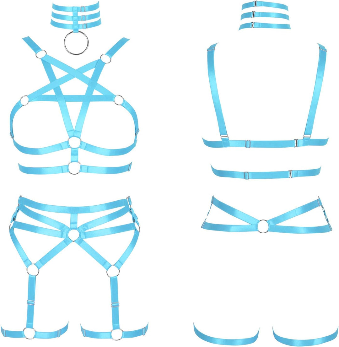 Damen Body Harness Pentagramm BH Set Punk Strumpfband Bein Taille Tanz Elastic Gothic Carnival Zubeh