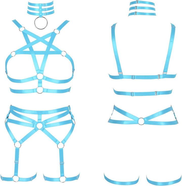 Damen Body Harness Pentagramm BH Set Punk Strumpfband Bein Taille Tanz Elastic Gothic Carnival Zubeh