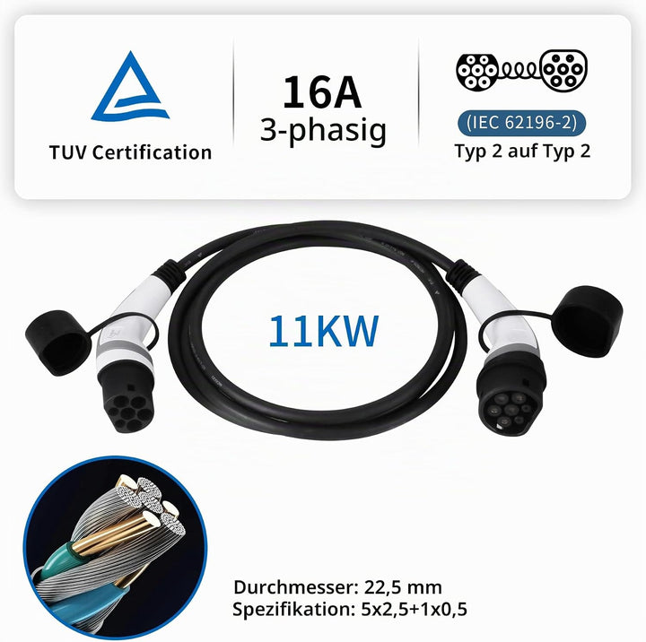 Ladekabel Typ 2 11kW 16A für Hybrid &amp; Elektroauto | 3 phasig | 3 Meter Typ 2 Ladekabel, Ladekabel El