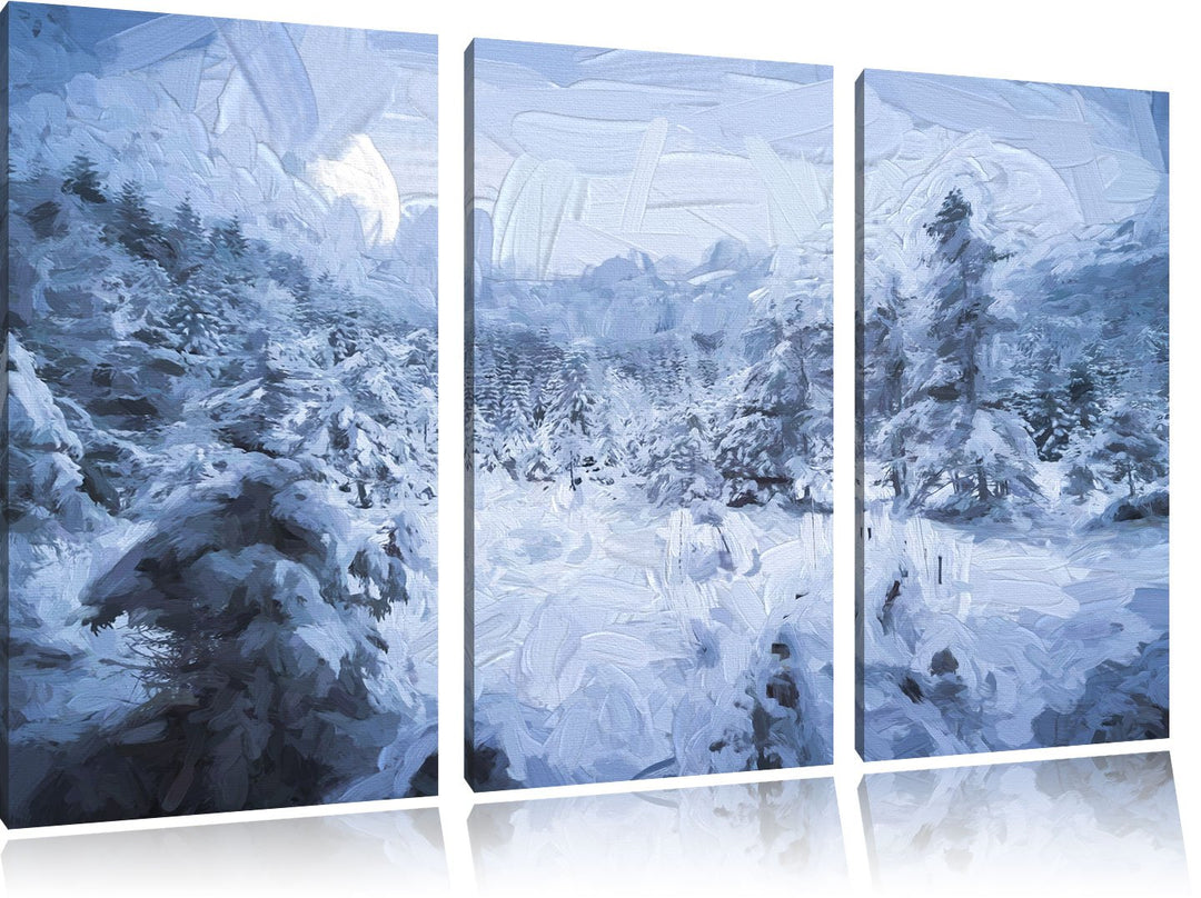 Pixxprint verschneiter Wald Pinsel Effekt 3-Teiler Leinwandbild 120x80 Bild auf Leinwand
