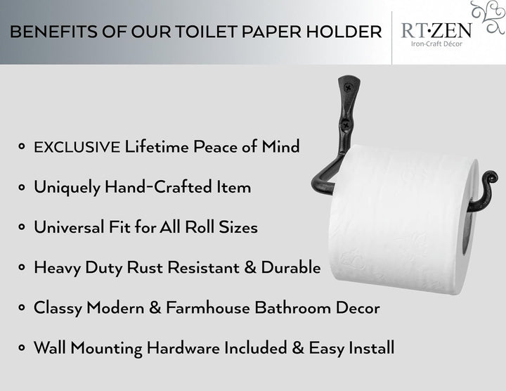 RTZEN Straight Decorative Toilet Paper Holder | Decorative Wrought Iron Handmade Black TP Roll Hange