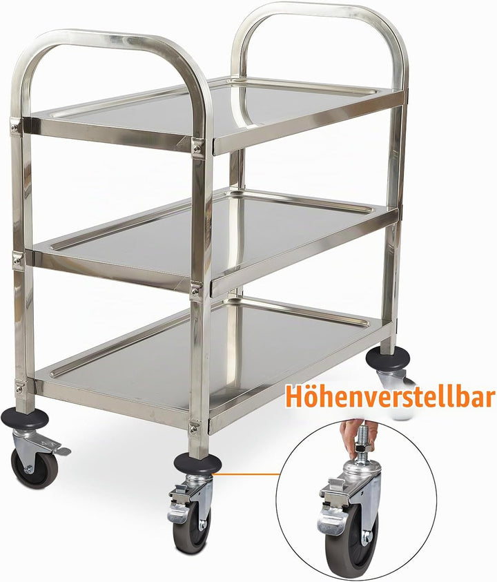 HLC Servierwagen Edelstahl 3 Ebenen Rollwagen Küchenwagen mit 4 Fixierbare Leichtgängige Vollgummi R