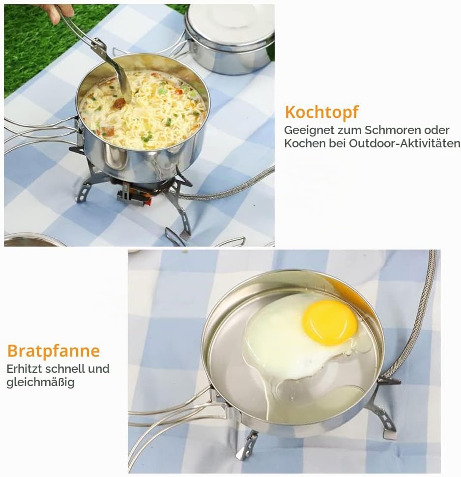 Lixada Camping Kochgeschirr Set 4-teiligtes Edelstahl Camping Topf Kompaktes Faltbare Campinggeschir