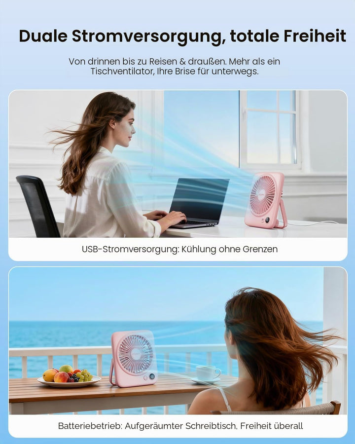 Otlonpe Tischventilator Leise, 4000mAh Akku Tisch Ventilator Tragbar, 23H Laufzeit Tischventilatoren
