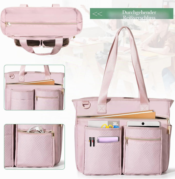 Fasrom Teacher Arbeitstasche mit Fächern für Laptop, Grosse Laptoptasche für Lehrer Rosa, Rosa