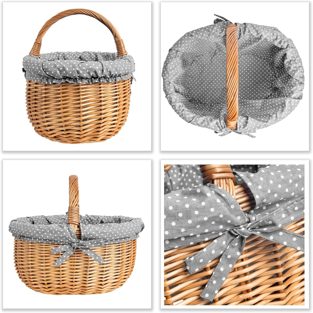 Creative Home Grosser Picknickkorb mit Stoffeinlage Grau mit Pünktchen Weidenkorb mit Henkel | Einka