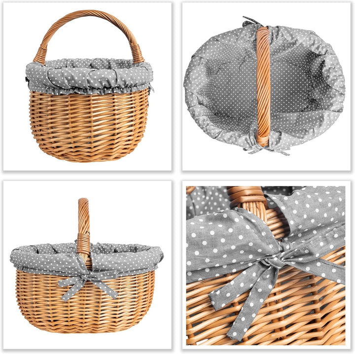 Creative Home Grosser Picknickkorb mit Stoffeinlage Grau mit Pünktchen Weidenkorb mit Henkel | Einka