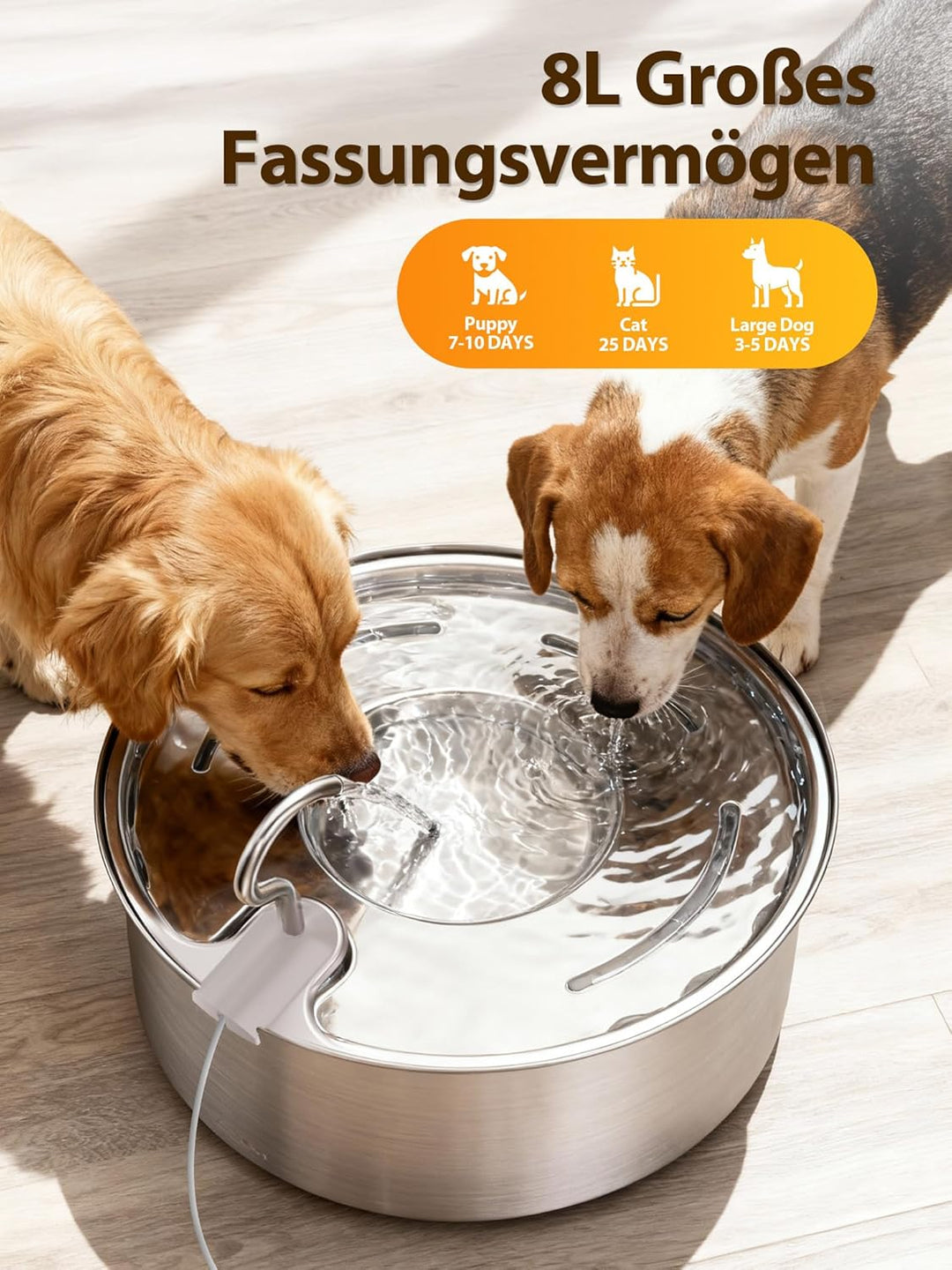 Trinkbrunnen für Hunde, 8L/270 oz Grosse Hundebrunnen/Katzenbrunnen Trinkbrunnen Silver Katzenbrunne