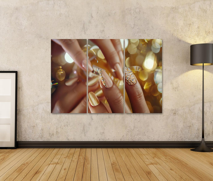 islandburner Prime Bild auf Leinwand Goldene Nagelkunst im Urlaubsstil mit Heller Maniküre, funkelnd