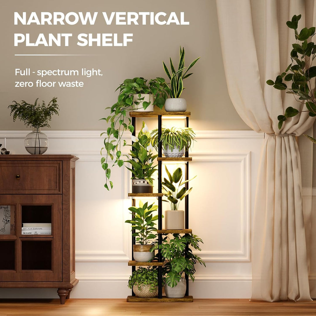Bamworld Pflanzenregal Indoor mit LED-Wachstumslicht, 6 Ebenen Blumenständer Holz & Metall, Mehrstöc