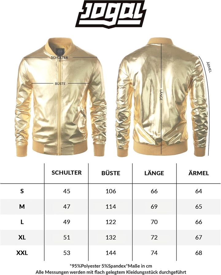JOGAL Herren Metallic Nachtclub Reissverschluss Baseball Bomber Jacke XL Gold, XL Gold