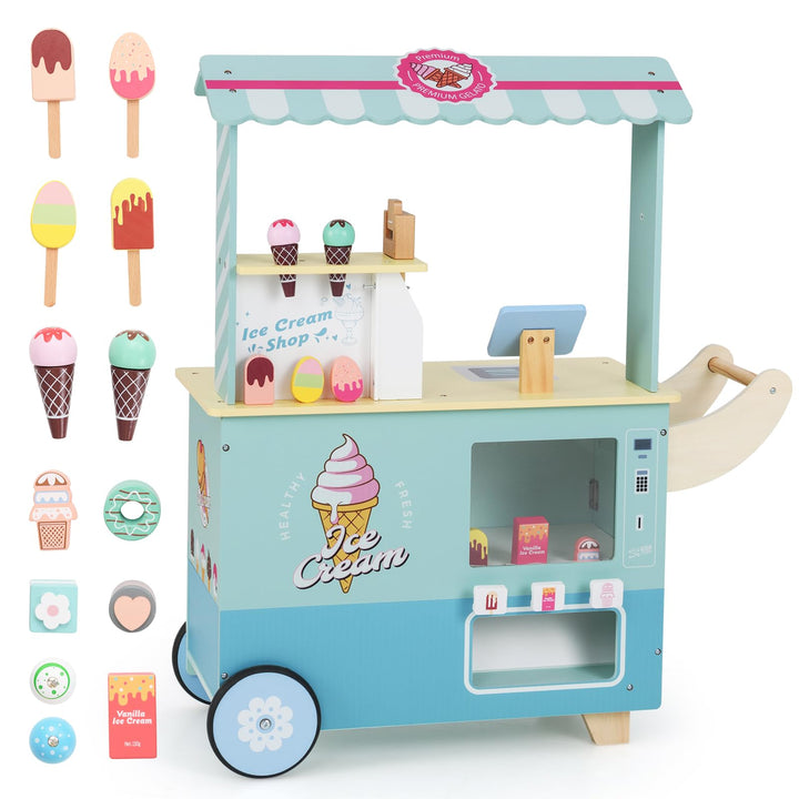 GOPLUS Eiswagen Kinder, Eisstand auf Rädern mit Verkaufsautomat, Eismaschinen-Spielzeug, Präsentatio