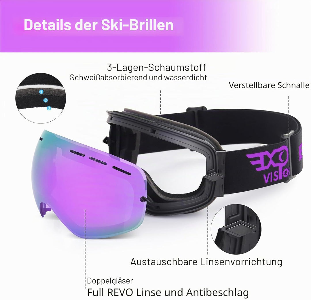 EXP VISION Snowboard Skibrille für Herren Damen Jugend, 100% UV400 Schutz Anti Beschlag über der Bri