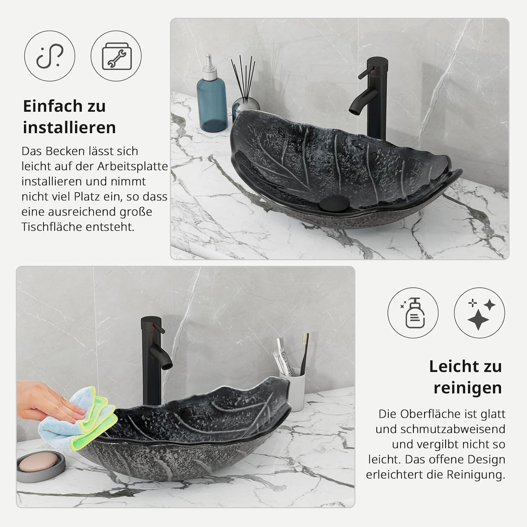 YU YUSING Aufsatzwaschbecken Waschbecken Glas Waschtisch Waschschale mit Wasserhahn Set, Blattförmig