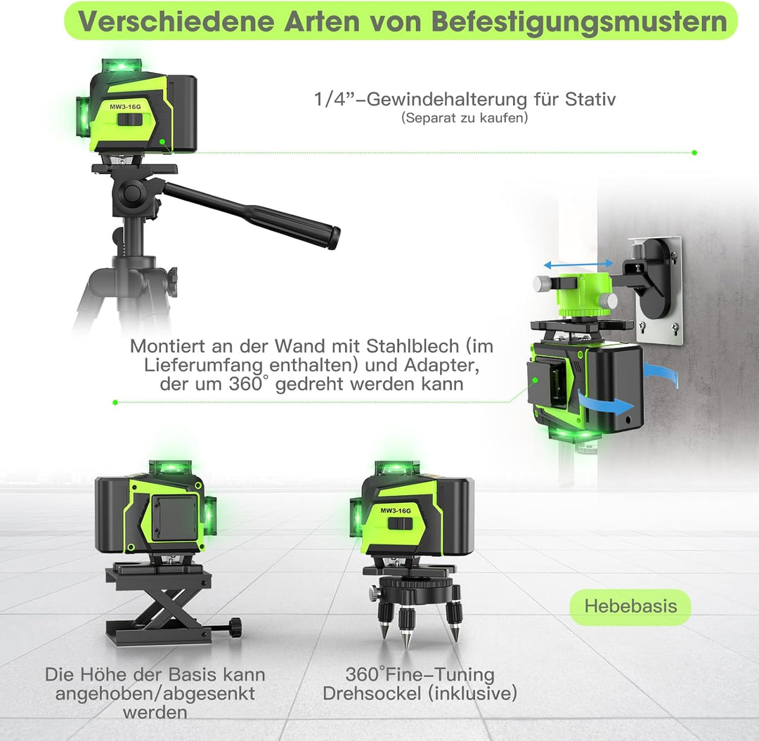 Kreuzlinienlaser Grün 16 Linien Nivellierlaser, 4 x 360 ° Laser wasserwaage, linienlaser kreuzlaser
