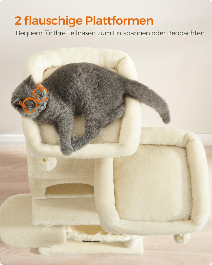 Feandrea Kratzbaum, 112 cm hoch, Katzenbaum mit 11 Kratzsäulen, 2 Plattformen, 1 Katzenhöhle, 1 Häng