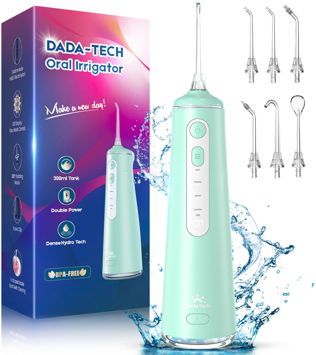 Munddusche Kabellos, Water Flosser for Teeth Mit 4 Modi & 8 Anpassbaren Stufen 7 Düsen 300ML Tank Mu