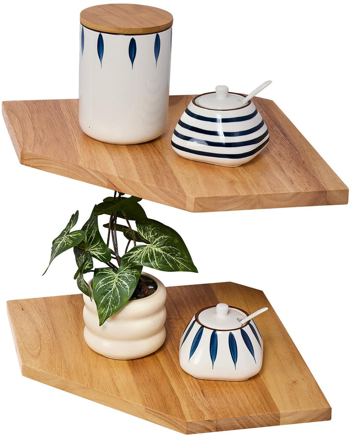 Eckregal Hängend, 2er-Set Eiche Massivholz Eckregal Wandregal Holz Vintage Landhausstil Regal für Sc