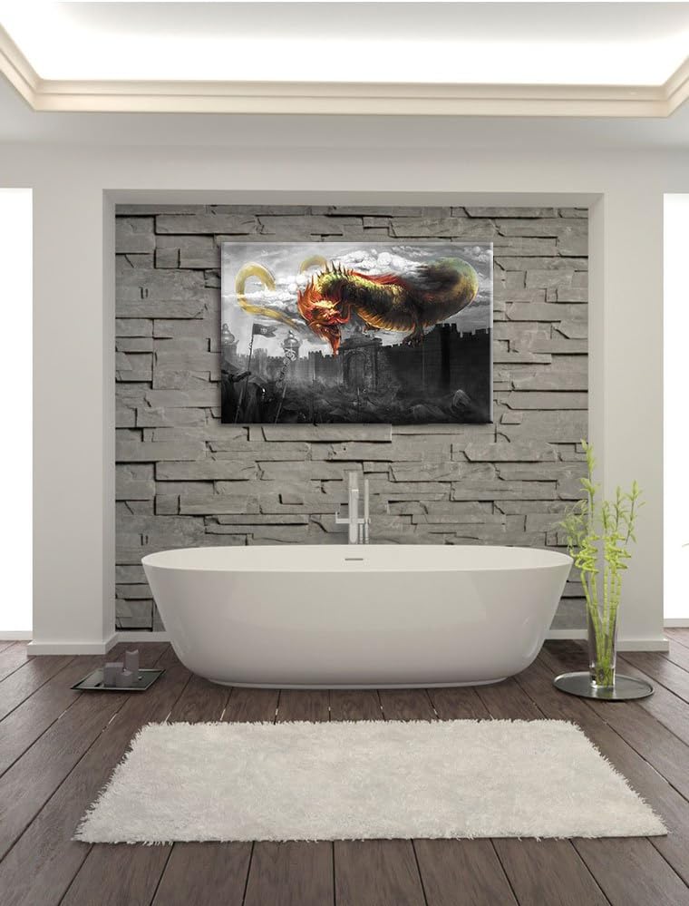 Pixxprint chinesischer Drache über der Festung B&W Detail, Format: 100x70 auf Leinwand, 100x70