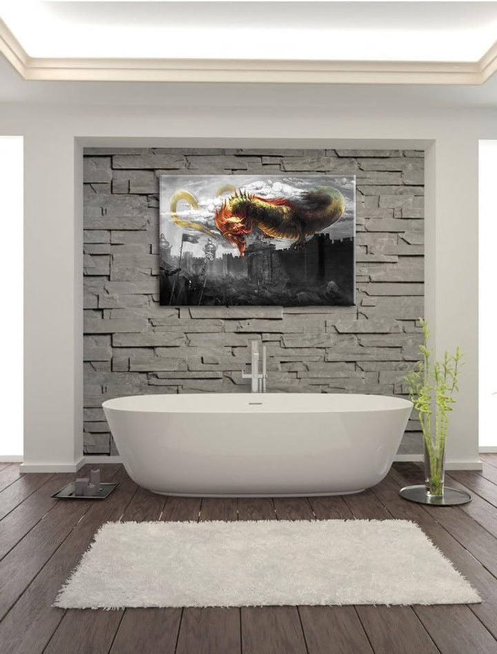 Pixxprint chinesischer Drache über der Festung B&W Detail, Format: 100x70 auf Leinwand, 100x70