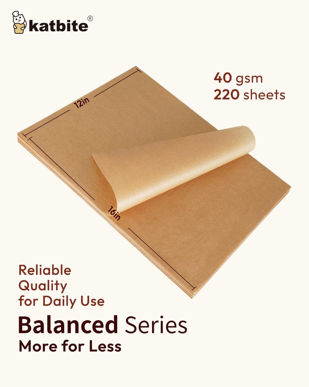 Katbite 220 Stücke Backpapier der Balanced-Serie, 12 x 16 Zoll gross, nicht gebleichtes Backpapier,