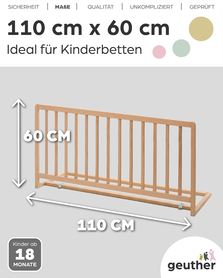 Geuther Bettschutzgitter Lissi Extrahoch: 60 cm - 110 cm lang in Naturbelassen – Sicheres Bettgitter