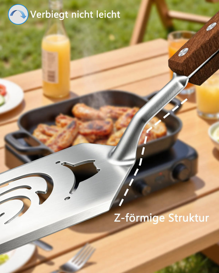7-in-1 Grillspachtel mit Holzgriff, Multifunktion Grillwerkzeug für BBQ & Camping, Funktionen des Gr