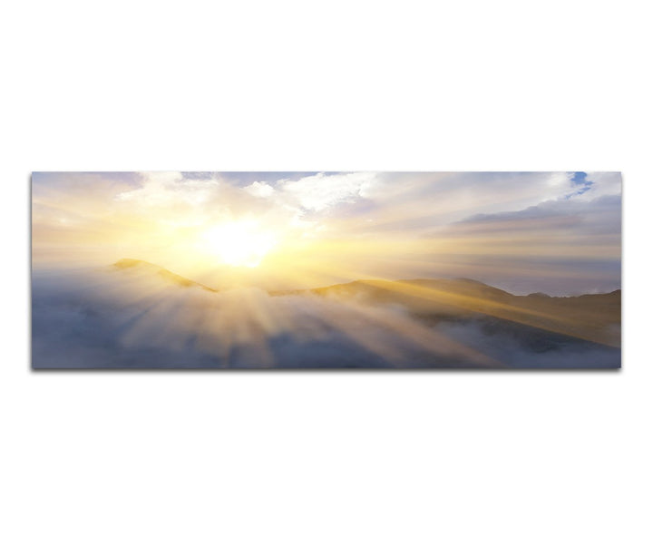 Paul Sinus Art Panoramabild auf Leinwand und Keilrahmen 150x50cm Berge Sonnenstrahlen Wolkenschleier