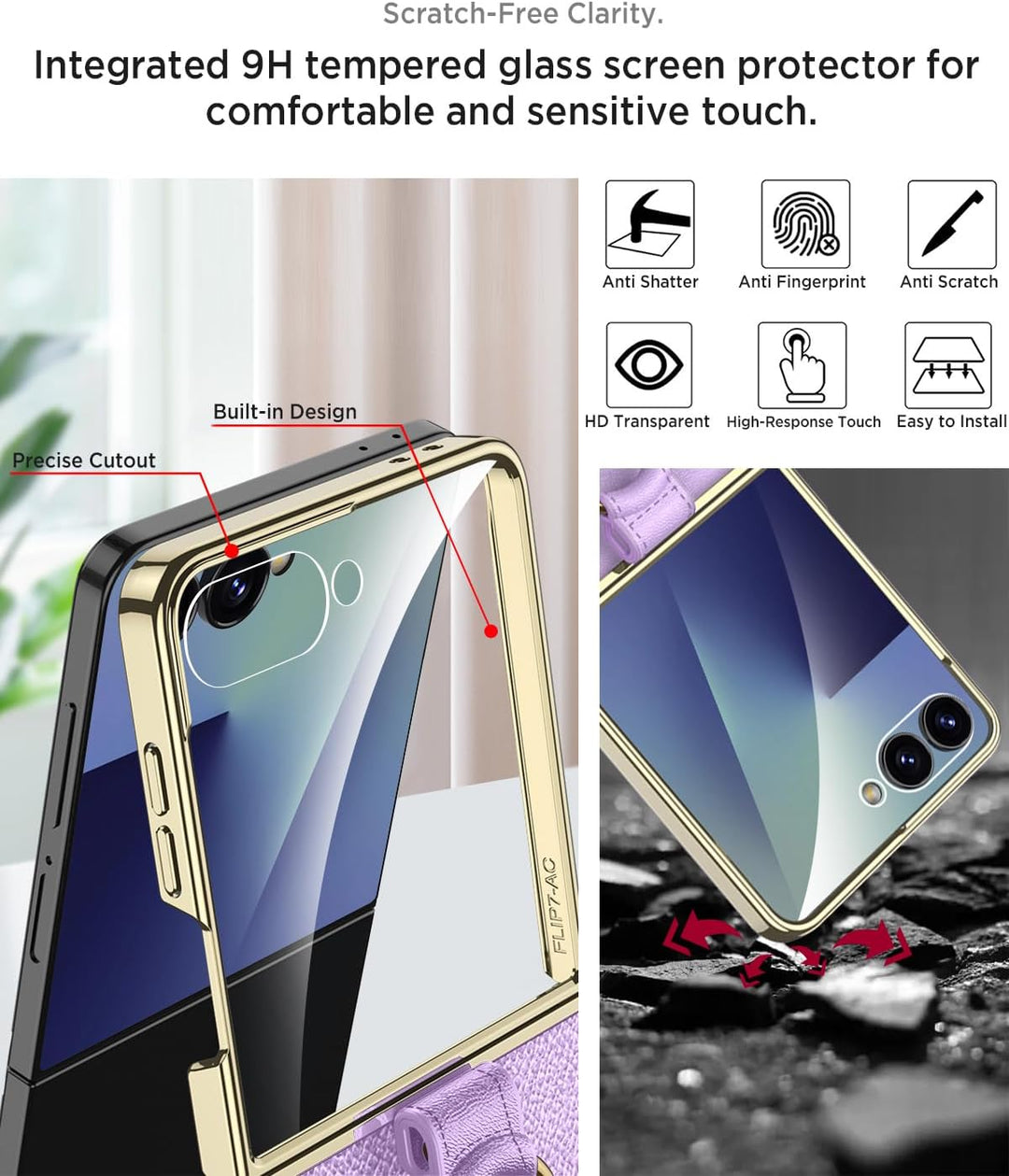 Miimall Lederhülle Kompatibel mit Samsung Galaxy Z Flip 7 Hülle mit Band+Ring Ständer [HD Displaysch