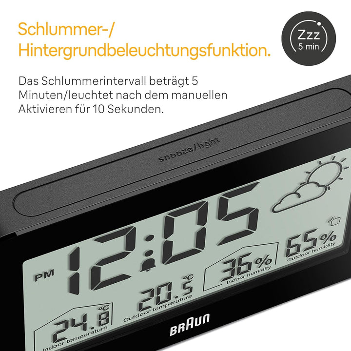 Digitale Braun-Wetterstationsuhr mit Anzeige von Innen- und Aussentemperatur sowie Luftfeuchtigkeit,