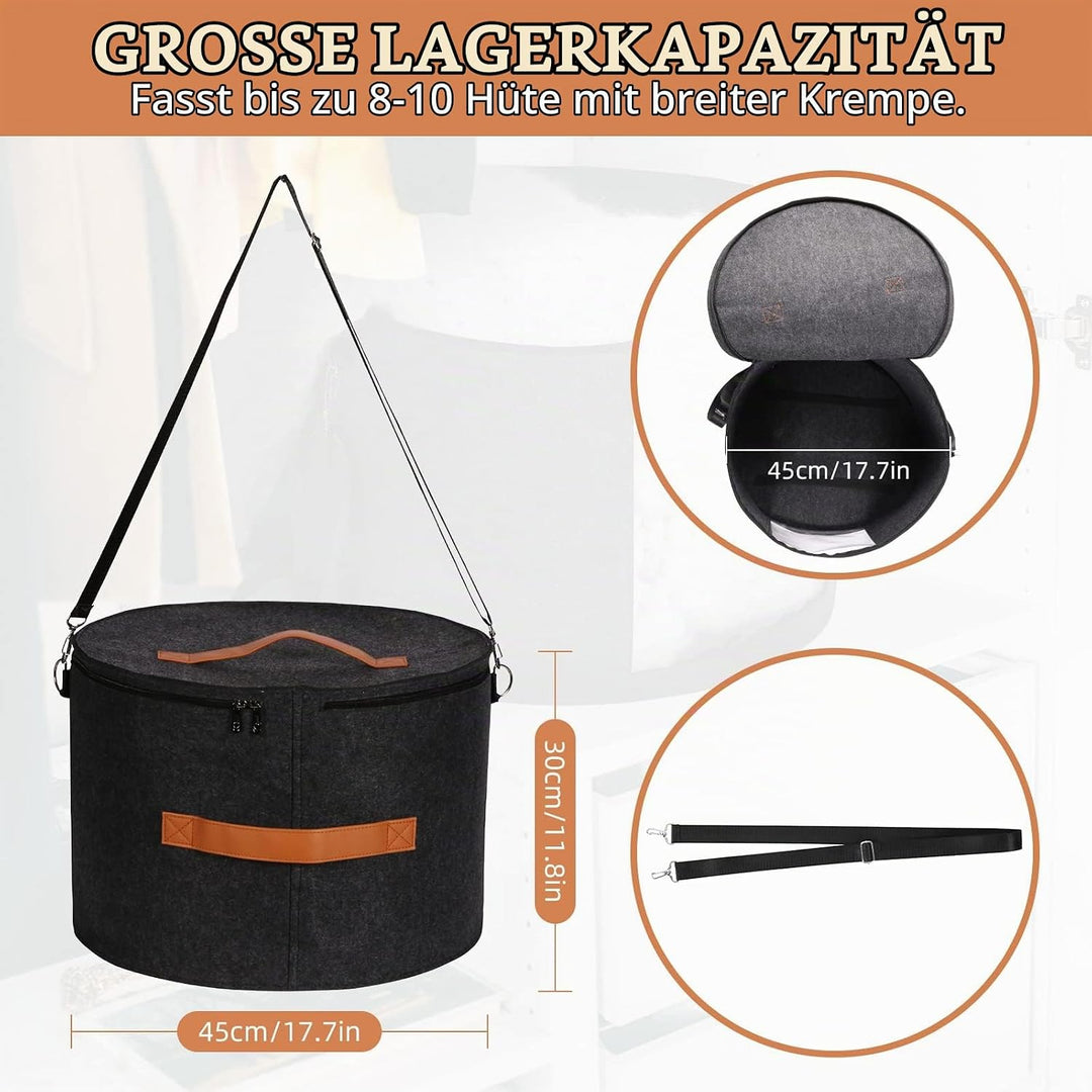 Grosse Hutschachteln mit Deckel, 45 cm × 30 cm Faltbare runde Hut-Aufbewahrungsbox aus Filz mit Grif