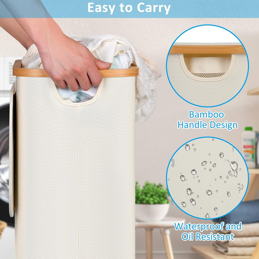 efluky Wäschekorb mit Rollen, 75L Faltbarer Wäschekorb mit Deckel, Beige Schlanker Wäschebehälter mi