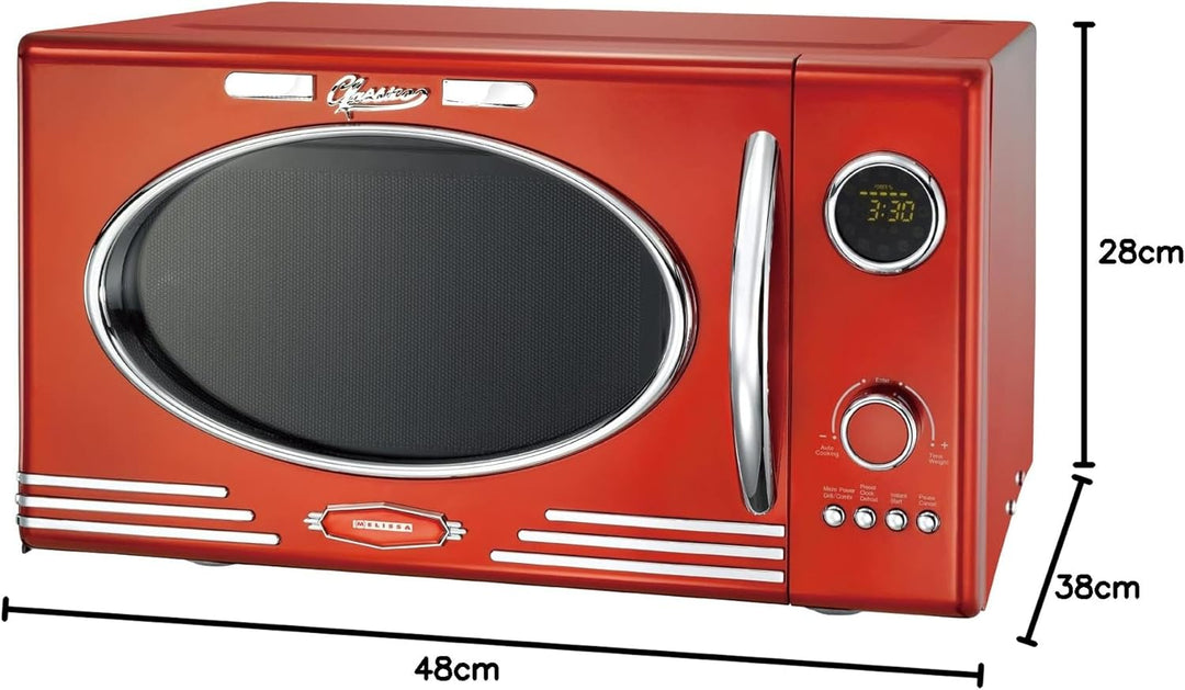MELISSA 16330129 Retro Mikrowelle/1000 Watt/23 Liter Garraum,Design Mikrowelle mit Grill/Rot metalic