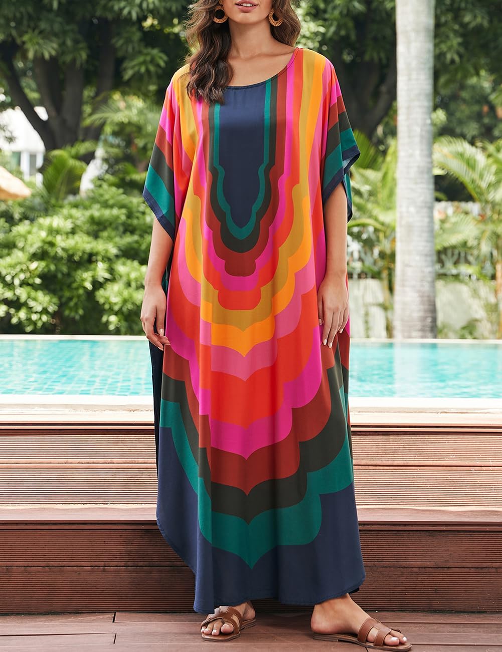 Bsubseach Damen Strandkleid Ethnic Print Kaftan Beach Maxi Kleider A-bunte Geometrie, A-bunte Geomet