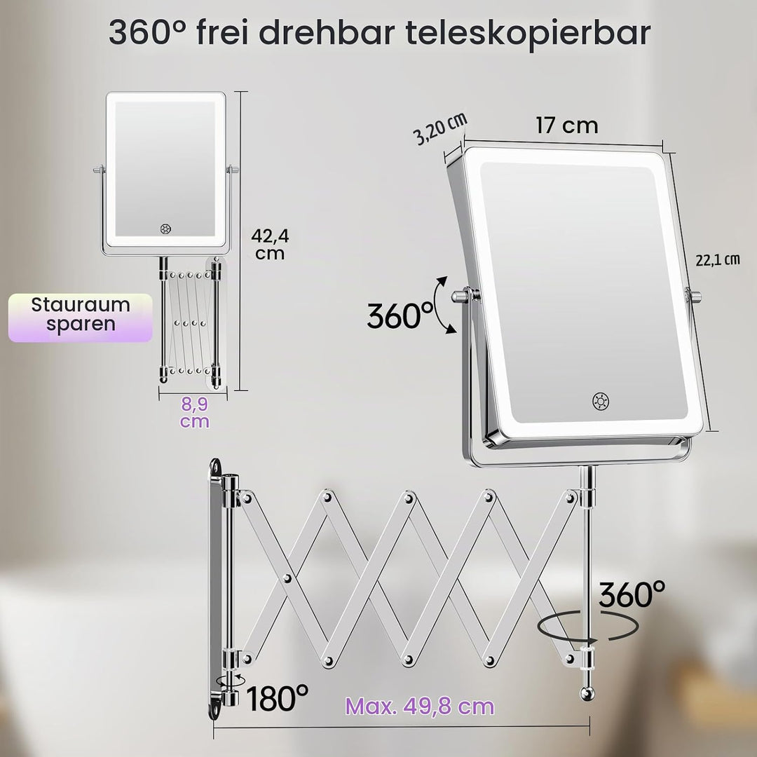 Famihomii 5000mAh Wiederaufladbar Kosmetikspiegel mit LED Beleuchtetung, 8,7 Zoll beidseitig 1X/30X