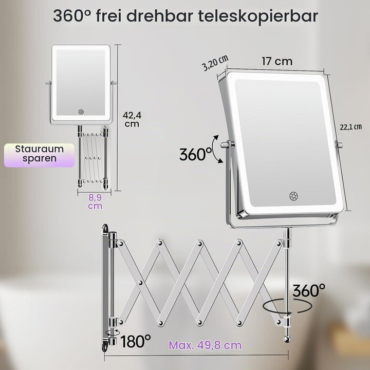 Famihomii 5000mAh Wiederaufladbar Kosmetikspiegel mit LED Beleuchtetung, 8,7 Zoll beidseitig 1X/20X