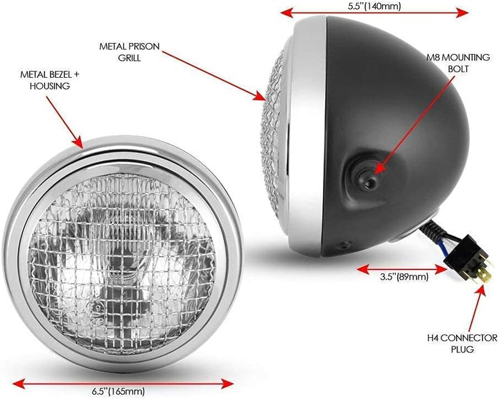 6" Scheinwerfer für Projekt Motorrad - Cafe Racer Retro Scrambler - Schwarz Netz Grill mit Chrom Ble