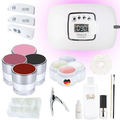 ND24 NailDesign – Gelnägel Starter Set Premium mit Haftgel, Aufbaugel, Frenchgel, Versiegelungsgel,
