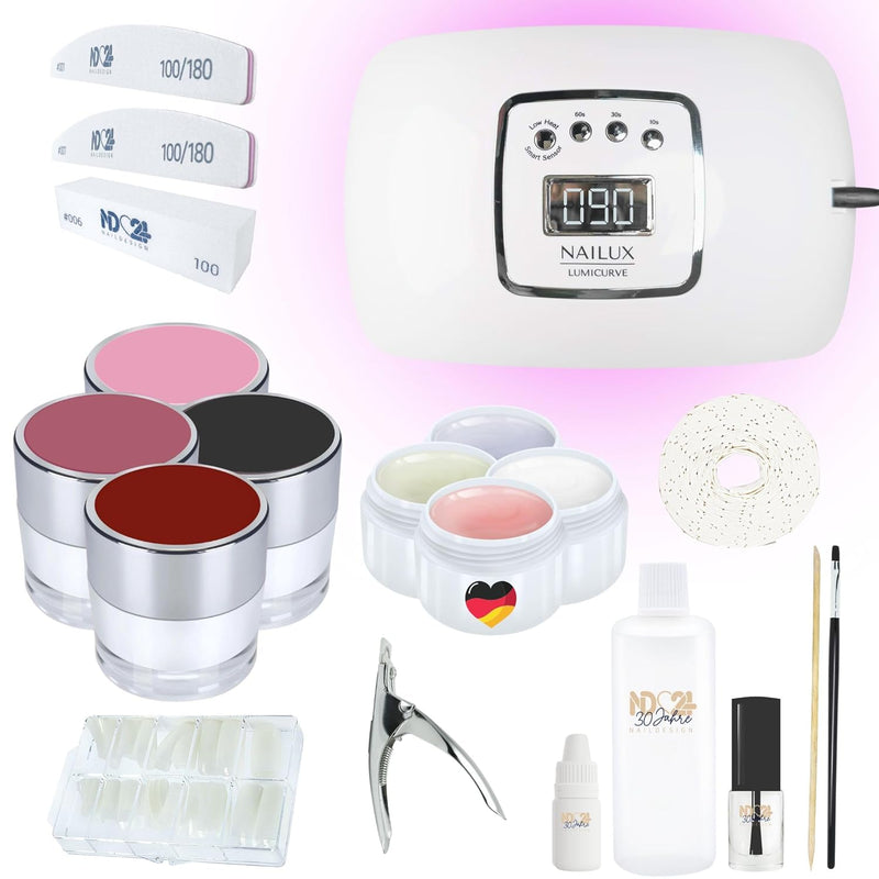 ND24 NailDesign – Gelnägel Starter Set Premium mit Haftgel, Aufbaugel, Frenchgel, Versiegelungsgel,