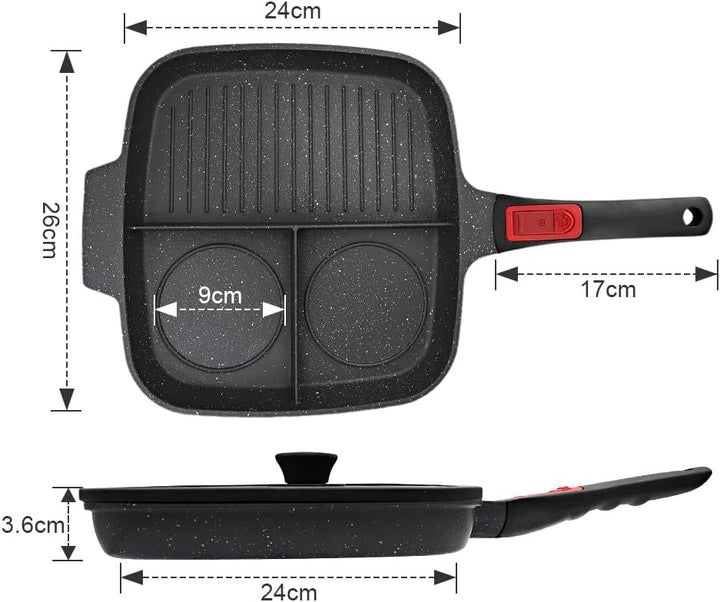 Multi Grillpfanne mit Deckel und Abnehmbarer Griff, Steakpfanne Induktion 3 in 1 - Schwarz, Schwarz