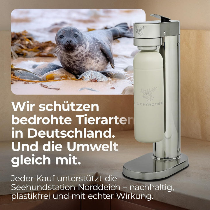 Luckymoose Infinity-S Wassersprudler aus hochwertigem Edelstahl (Silver/Sand) – inkl. 2x 1,25L Edels