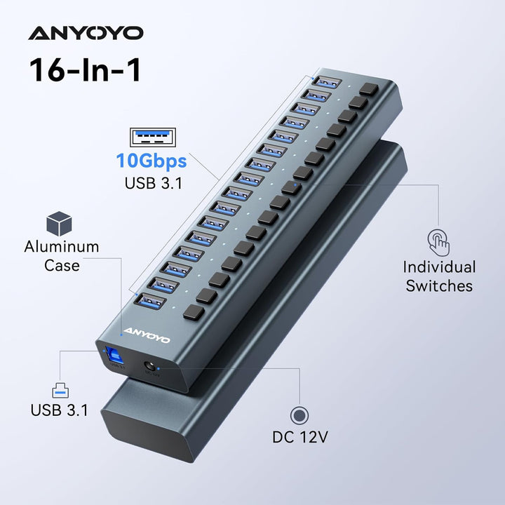 Powered USB Hub - 16 Ports 90W USB 3.0 Data Hub - mit Individuellen EIN-/Ausschaltern und 12V/7.5A N