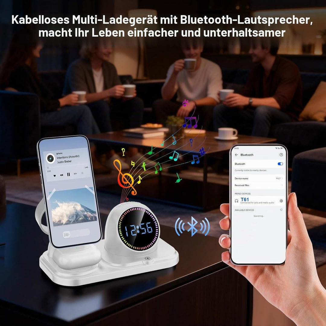 Ladestation Apple Watch und iPhone,6 in 1 Wireless Charger mit Bluetooth, Uhr, RGB LED, induktive la