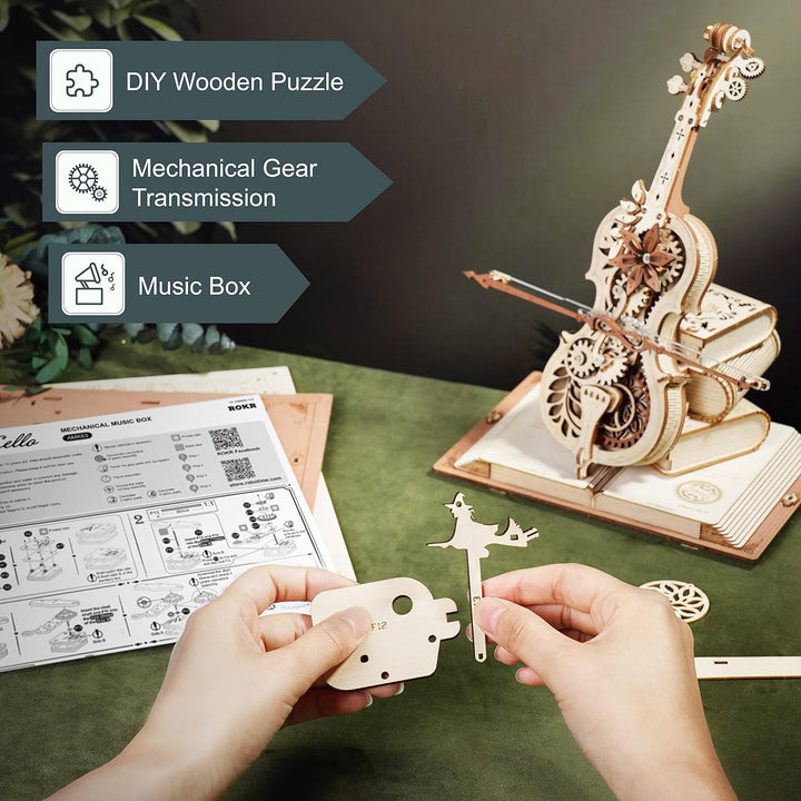 ROKR Magic Cello Mechanische Spieluhr,3D Holzpuzzle Erwachsene,Schreibtischdekoration Geschenk für M