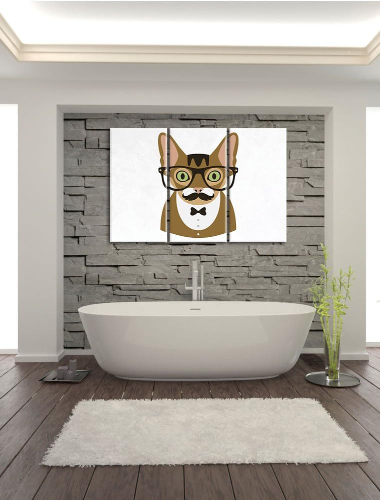 Pixxprint Hipster Katze mit Brille, Schnurbart und Fliege (Main Coon) weiss 3-Teiler Leinwandbild 12