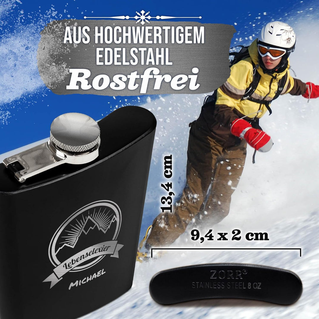 Flachmann mit Gravur aus Edelstahl selbst gestalten - Lebenselexier - mit Name gravieren - Geschenk